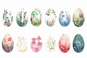 Wall Mural - Set of watercolor illustrations depicting Easter eggs
