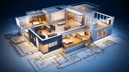Wall Mural - vision of architecture of a 3d model house project with blueprint
