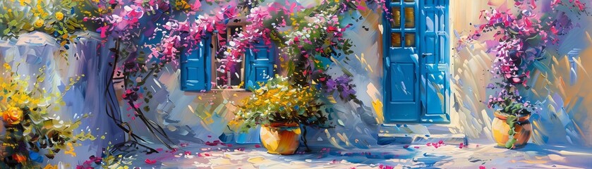 Wall Mural - In a Greek house, colorful flowers in a garden, summer terrace in oil paint