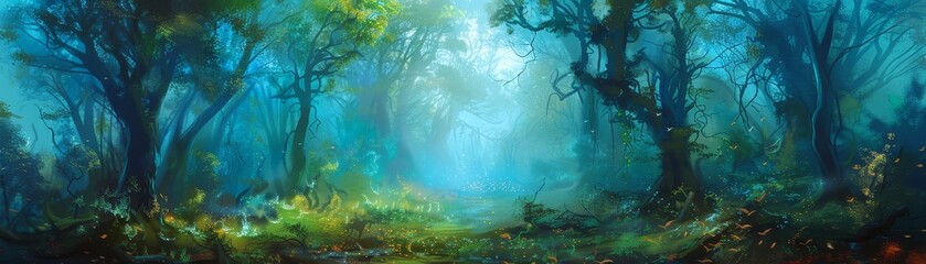 Wall Mural - Imaginative illustration of a forest in blue and green with a fantasy atmosphere