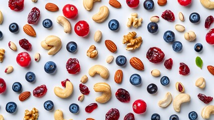 Wall Mural - Mixed nuts and dried fruits, such as cashews, walnuts, almond, red cranberries or blue berries, arranged in an aesthetically pleasing pattern against a white background.