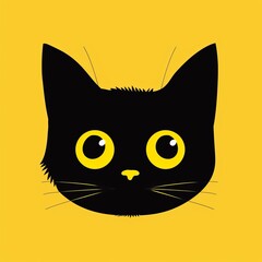 Poster - Angry cat. Cute kitten with big eyes. Black silhouette icon. Funny kawaii pet animal. Cartoon funny baby character. Pink ears, nose, cheeks. Yellow background. Modern illustration.