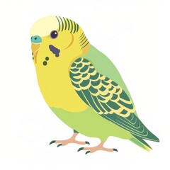 Wall Mural - Bird icon with big eyes in green and yellow color. Funny kawaii animal standing. Kids sticker print. Cute cartoon character with brown hair. Pet collection. Flat design white background.