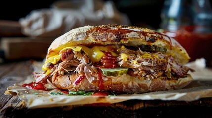 Wall Mural - Gourmet pulled pork sandwich with melted cheese and pickles, topped with barbecue sauce, served on rustic bread.