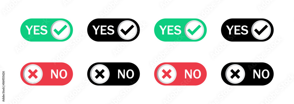 Yes and no buttons in green, black and red color icon. Check mark and ...