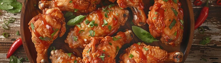 Wall Mural - Hot and spicy chicken wings garnished with herbs in a rustic bowl. Perfect for a flavorful meal or party appetizer.