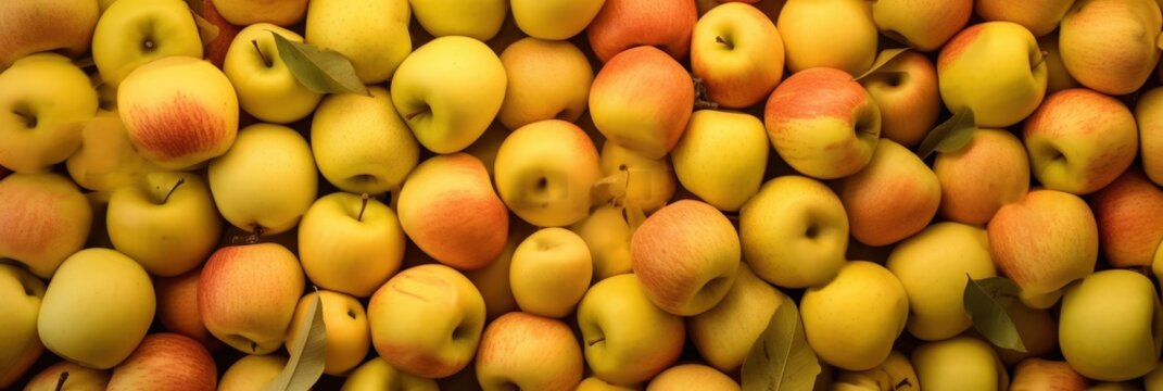 Close Up of Fresh Yellow Apples with Green Leaves