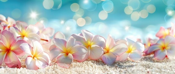 Wall Mural - Beach summer panoramic background with frangipani flowers on the sand.