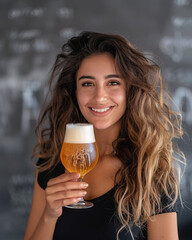 An Eastern woman smiling while holding a glass of beer, showcasing the positive effects of beer on beauty and self-care