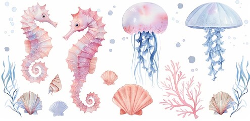Poster - A set of sea animals depicting fish and coral in blue watercolors. A shell aquarium background with fossilized shells. Marine illustration, jellyfish, starfish.