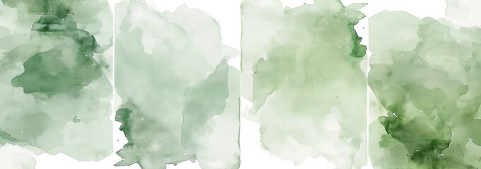 Wall Mural - A set of abstract watercolor splashes in green on a white background. Watercolour texture in salad color. Stains from ink paint brushes. Green splatters spots.