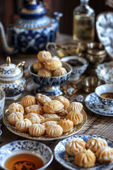 Wall Mural - British style tea table with small biscuits and tea cups