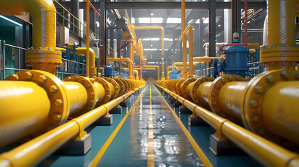 yellow yellow pipeline in a factory for gas pipelines