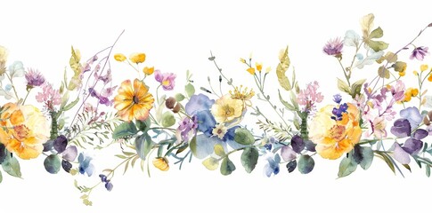 Wall Mural - Flowing flowers in the wild. Watercolor seamless border drawing with green leaves, purple buds, and yellow branches. For stationery, decorations, fashion, backgrounds, and textures.