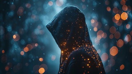 Anonymous Hacker Surrounded by a Network of Glowing Data Streams Engaged in Cybersecurity, Cybercrime, and Cyberattack Activities. Concept of Digital Infiltration, Hacking, and Internet Security Threa