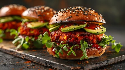 Wall Mural - A vibrant and mouthwatering photograph of plant-based thriller burgers, featuring red sweet potato and melting avocado slices on top.