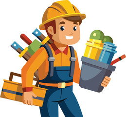 Wall Mural - Happy labour day with construction worker character. Building male specialists ready for work. Vector illustration isolated on white background