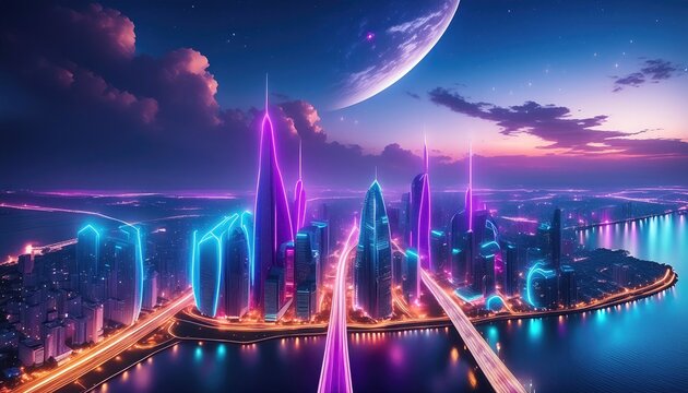 Neon city, Neon lights city background, neon city glowing with night sky view from drone aerial 