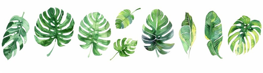Wall Mural - The leaves of tropical monsteras are drawn in watercolor