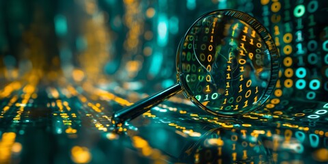 Magnifying glass over digital binary data in warm yellow and green tones