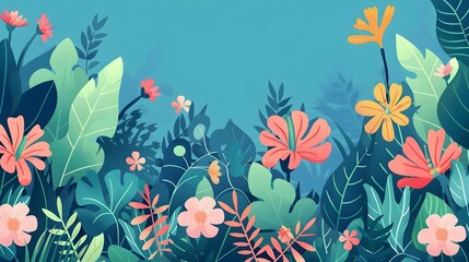 Wall Mural - Vibrant Floral Jungle with Colorful Blooming Plants and Lush Foliage in Tropical Nature Background