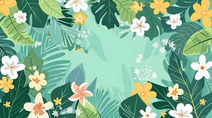 Wall Mural - Vibrant Tropical Floral Background with Lush Green Leaves and Colorful Exotic Flowers