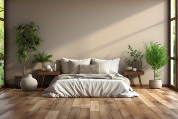 Wall Mural - Empty minimalist bedroom interior design with background fishbone floor, generative IA
