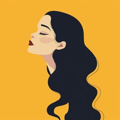 Wall Mural - Portrait of brunette woman posing with long bangs hair. Profile view. Avatar people icon for social networks. Cartoon girl face with big red lips on a yellow background.