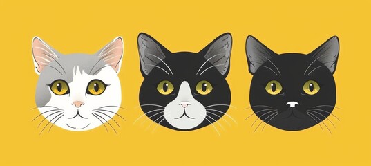 Wall Mural - Cat set. Black, gray, white kitten icon. Funny cartoon character. Kawaii animal. Love greeting card. Silhouette sticker print. Flat design. Yellow background. Isolated. Vector.