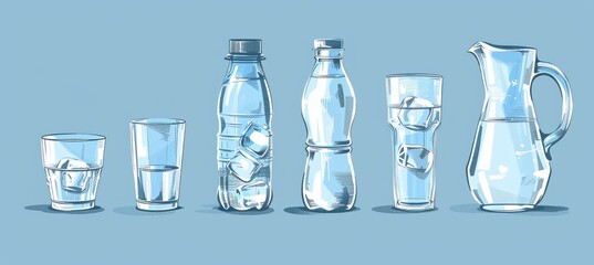 Wall Mural - There is a bottle, a glass cup of water icon set. There is a cork, plug, a decanter, and a carafe. Drink water. Steal Aqua drop. Cute cartoon object. Different shape. Food icons collection. Flat