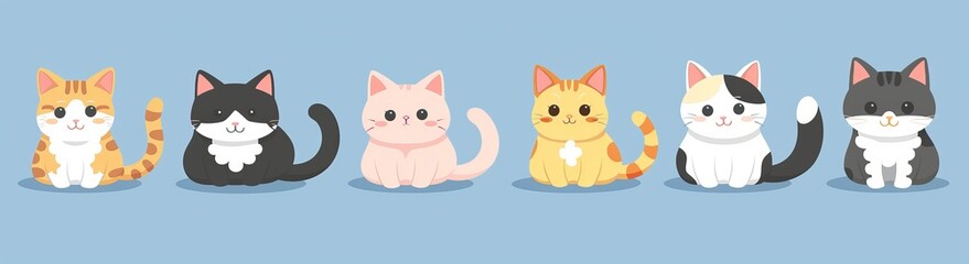 Wall Mural - Kittens, kittens. Cartoon kawaii baby characters in different breeds, patterns, emotions, and colors. Line banner. Blue background. Isolated.