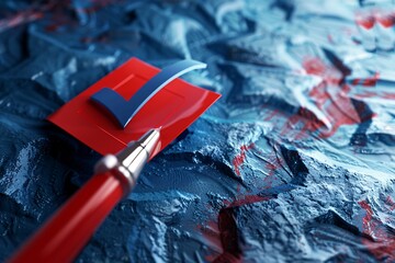 Abstract image of a blue check mark on a red square, being marked with a red pen, on a textured blue and red background