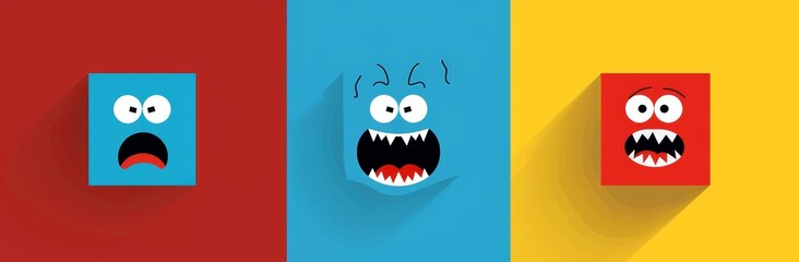 Poster - Three square monsters heading set. Spooky Smiling Boo screaming sad face emotion. Eyes, tongue, teeth, and mouse. Flat design. Black background.