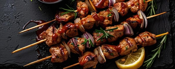 Wall Mural - Grilled chicken skewers with glaze and herbs on a black slate platter, served with lemon and dipping sauce.