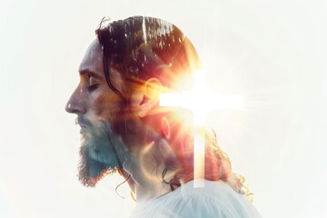 Wall Mural - ethereal double exposure of jesus christs serene face merging with a radiant cross set against a pure white backdrop evoking spiritual transcendence