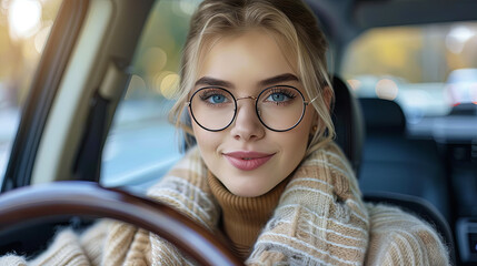 Wall Mural - A woman wearing glasses and a sweater is driving a car