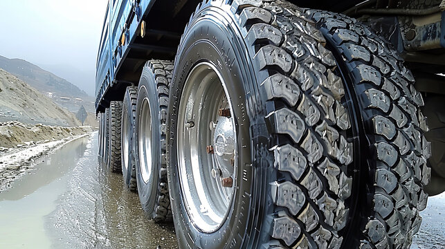 A truck with four tires is driving on a wet road