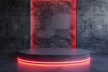 Wall Mural - Beautiful minimalist background with gray podium, textured wall and neon lights for product presentation