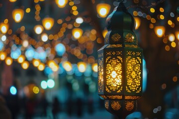 Original traditional ornate oriental lantern with beautiful bokeh of holiday lights and mosque in background
