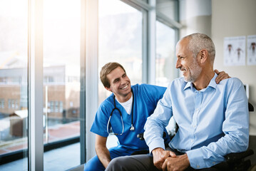 Poster - Senior, man and nurse with patient in office, care and together for wellness consultation with medical employee. Support, healthcare and medicine help with smiling or happy people, clinic and trust