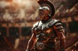 © furyon - fierce ancient warrior in ornate armor brandishing weapon dramatic lighting emphasizing muscular physique backdrop of coliseum or battlefield embodiment of strength and valor