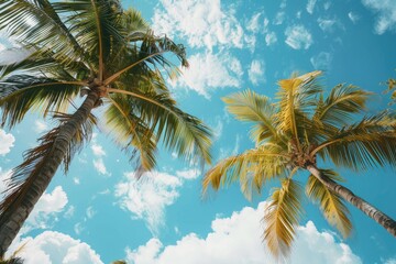 Beautiful natural tropical background with palm trees against a blue sky with clouds