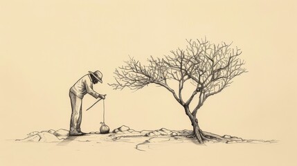 Wall Mural - Visual of Barren Fig Tree Parable: Gardener Tending to Unproductive Tree, Beige Background, Biblical Illustration, Copyspace