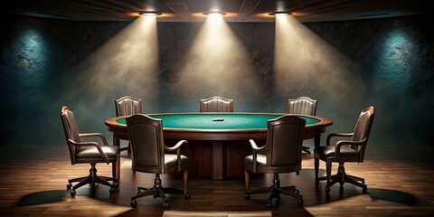 Wall Mural - Empty poker table with dramatic lighting effect, empty, poker, table, gambling, game, cards, chips, casino, risk