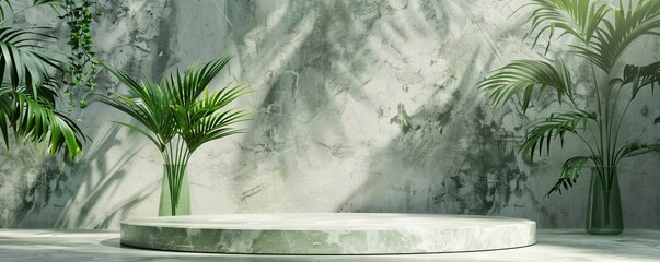 Wall Mural - Green marble podium with sunlight and tropical plants on grunge wall background for cosmetic product placement