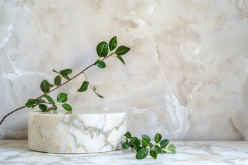 Wall Mural - Original template for spa product presentation. Pedestal of marble slabs and branches with green leaves against background of wall in bathroom with masonry in light beige colors