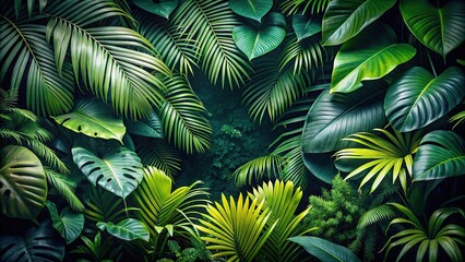 Wall Mural - Dense tropical jungle foliage against a dark background, creating a visually striking contrast , tropical, leaves, plants