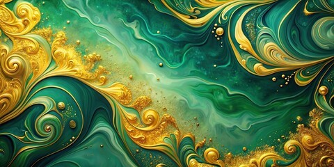 Sticker - Abstract painting with yellow gold swirls and green accents , abstract, painting, yellow gold, swirls, green, textured
