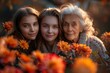 © ArtStockVault - Generational Bonding Among Autumn Flowers - Three Women Representing Grandmother, Mother, and Daughter Smiling Surrounded by Vibrant Fall Blooms, Capturing Warmth, Love, and Beauty of Family Moments