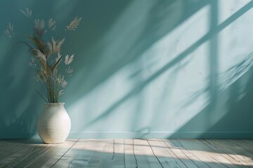 Wall Mural - Light blue empty wall, vase with plant and wooden floor with interesting light glare. Background for the presentation